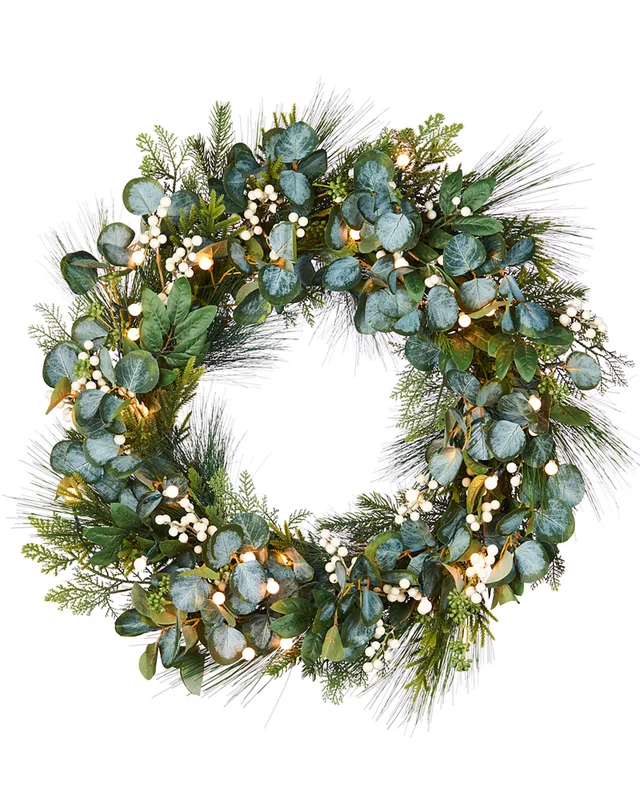 WeRChristmas Green Pre-Lit Artificial Christmas Wreath With Eucalyptus And Berries 40 Warm White Leds 76 Cm