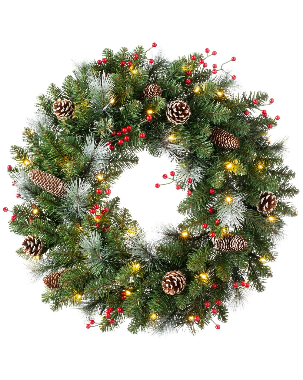 WeRChristmas Red Pre-Lit Frosted Artificial Christmas Wreath With Pinecones And Red Berries 40 Warm White Leds 60 Cm - No Size Image 1