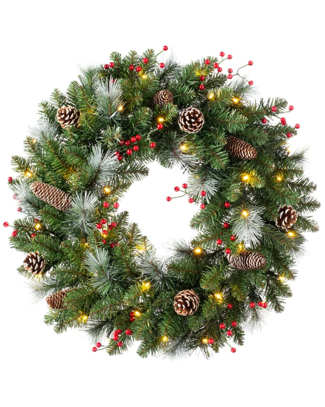 WeRChristmas Red Pre-Lit Frosted Artificial Christmas Wreath With Pinecones And Red Berries 40 Warm White Leds 60 Cm