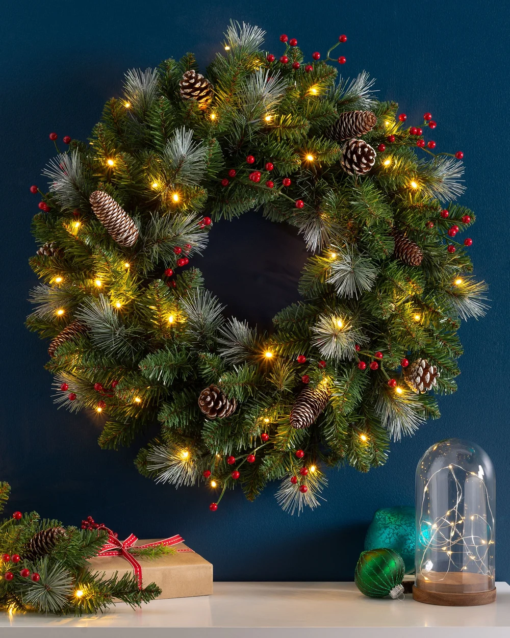 WeRChristmas Red Pre-Lit Frosted Artificial Christmas Wreath With Pinecones And Red Berries 40 Warm White Leds 60 Cm - No Size Image 2