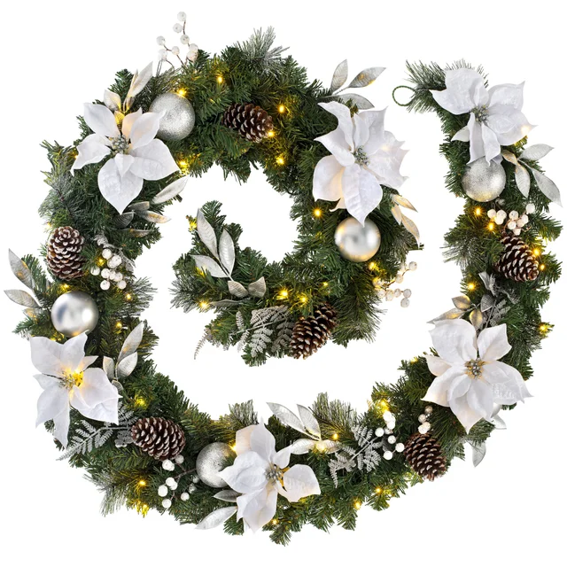 WeRChristmas Multi-Colour Pre-Lit Extra-Thick Silver And White Decorated Artificial Christmas Garland 80 Warm White Leds 9 Ft