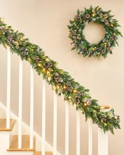 WeRChristmas Green And White Pre-Lit Snow-Flocked Mixed-Tip Artificial Christmas Garland 80 Warm White Leds 9 Ft - No Size Image 3