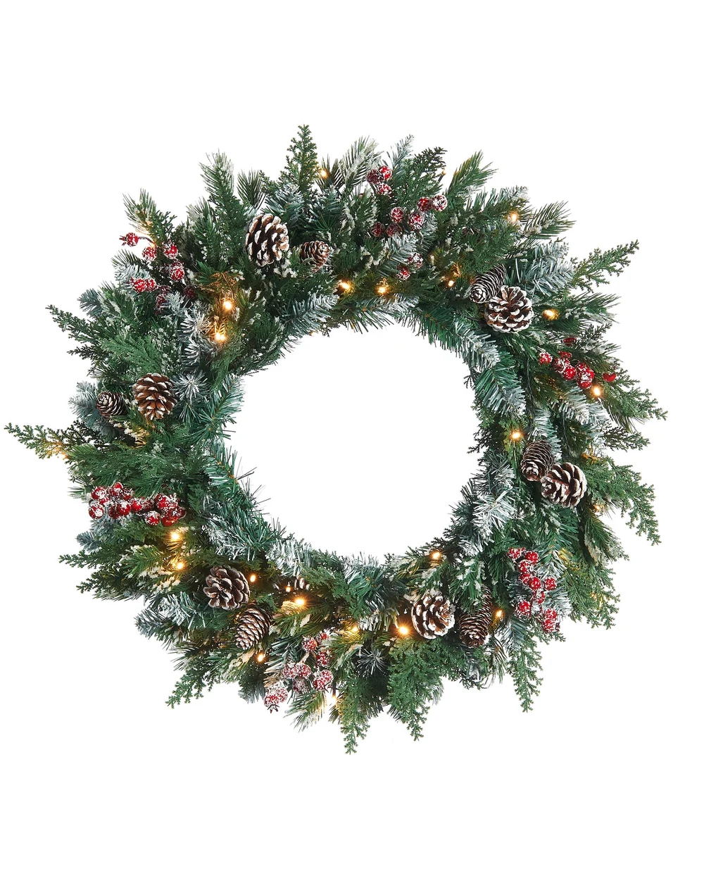 WeRChristmas Green And White Pre-Lit Snow-Flocked Mixed-Tip Artificial Christmas Wreath 40 Warm White Leds 60 Cm - No Size Image 1
