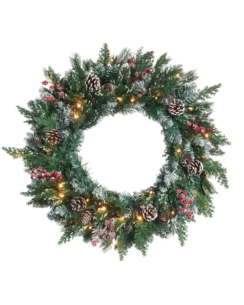 WeRChristmas Green And White Pre-Lit Snow-Flocked Mixed-Tip Artificial Christmas Wreath 40 Warm White Leds 60 Cm - No Size Image 1