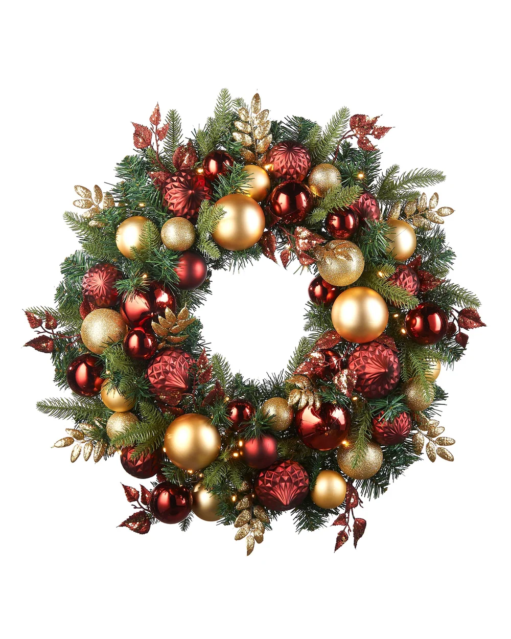WeRChristmas Multi-Colour Pre-Lit Artificial Christmas Wreath With Burgundy & Gold Baubles 60 Warm White Leds 76 Cm - No Size Image 1
