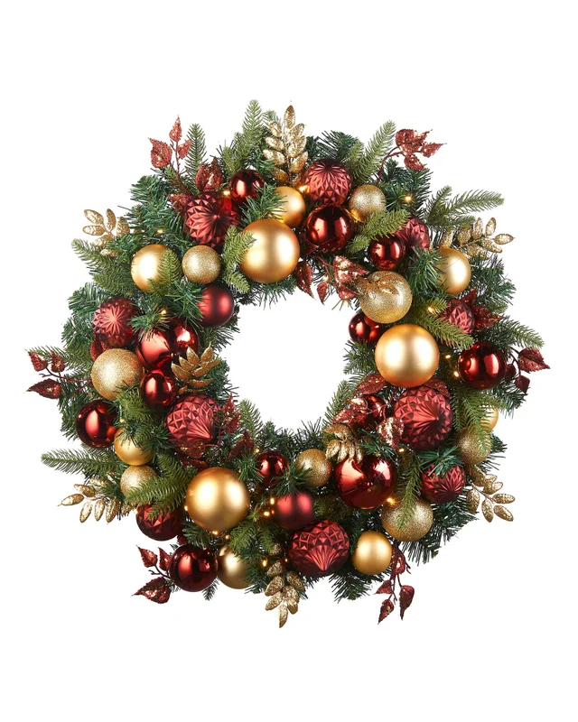 WeRChristmas Multi-Colour Pre-Lit Artificial Christmas Wreath With Burgundy & Gold Baubles 60 Warm White Leds 76 Cm