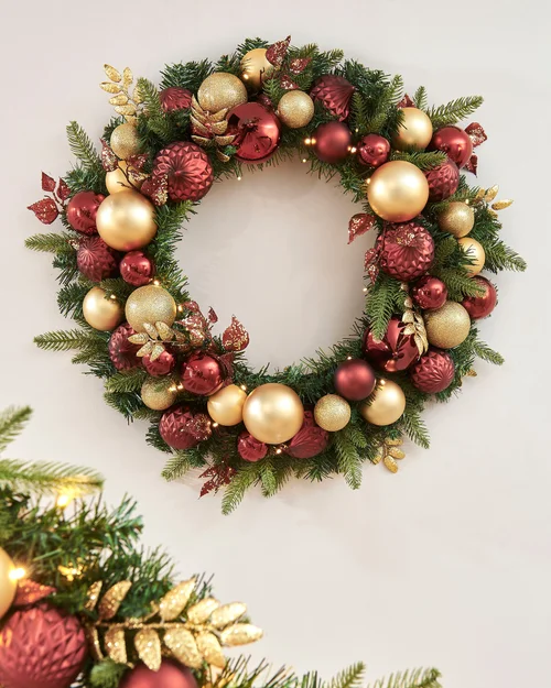 WeRChristmas Multi-Colour Pre-Lit Artificial Christmas Wreath With Burgundy & Gold Baubles 60 Warm White Leds 76 Cm - No Size Image 2