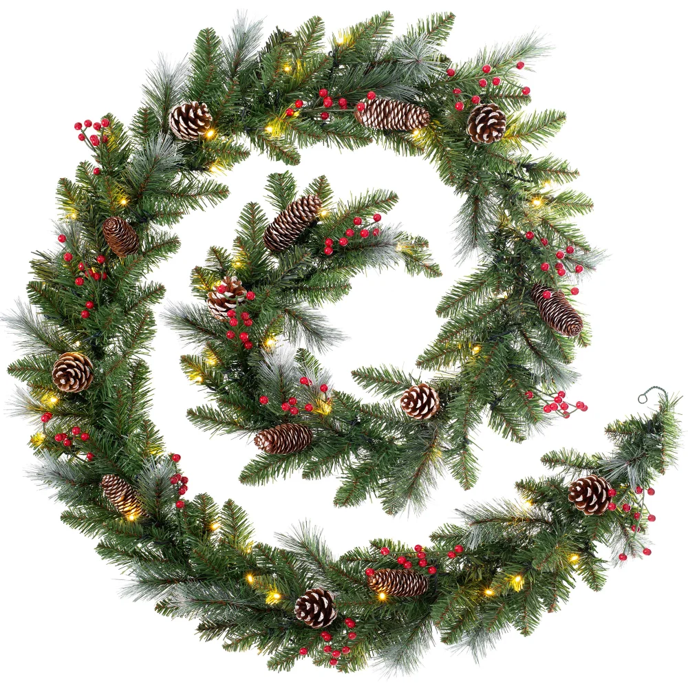 WeRChristmas Green Pre-Lit Frosted Artificial Christmas Garland With Pinecones And Berries 60 Warm White Leds 9 Ft - No Size Image 1
