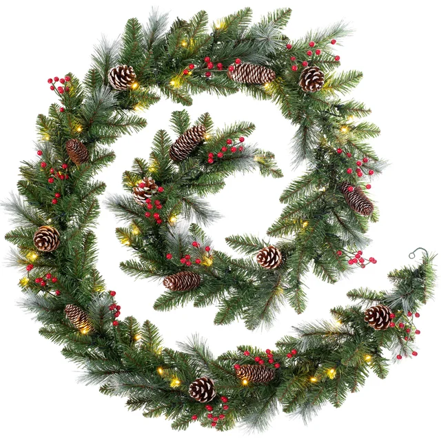WeRChristmas Green Pre-Lit Frosted Artificial Christmas Garland With Pinecones And Berries 60 Warm White Leds 9 Ft