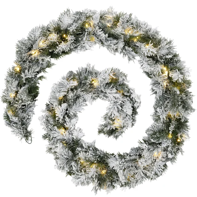 WeRChristmas Green And White Pre-Lit Snow-Flocked Spruce Artificial Christmas Garland 20 Warm White Leds 9 Ft