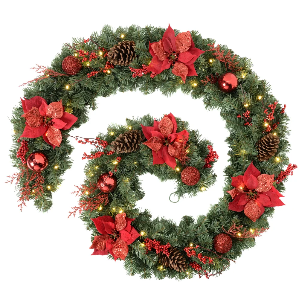WeRChristmas Multi-Colour Pre-Lit Extra-Thick Red Decorated Artificial Christmas Garland 80 Warm White Leds 9 Ft - No Size Image 1
