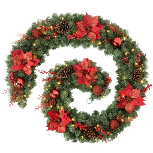 WeRChristmas Multi-Colour Pre-Lit Extra-Thick Red Decorated Artificial Christmas Garland 80 Warm White Leds 9 Ft - No Size Image 1