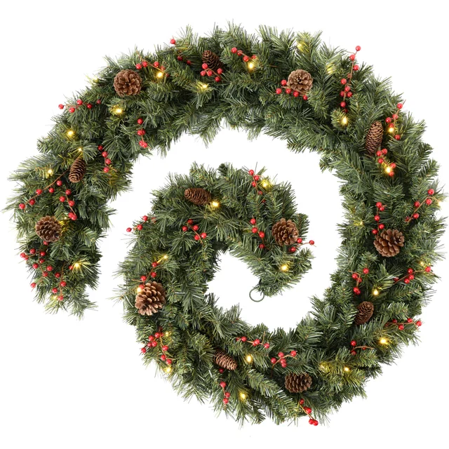 WeRChristmas Green Pre-Lit Extra-Thick Artificial Christmas Garland With Pinecones And Berries 80 Warm White Leds 9 Ft