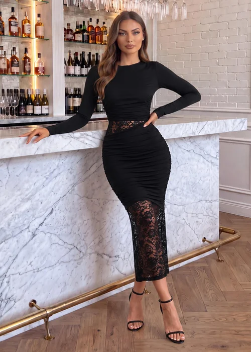 AX Paris Black Ruched Lace Cut Out Midi Dress - 16 Image 2