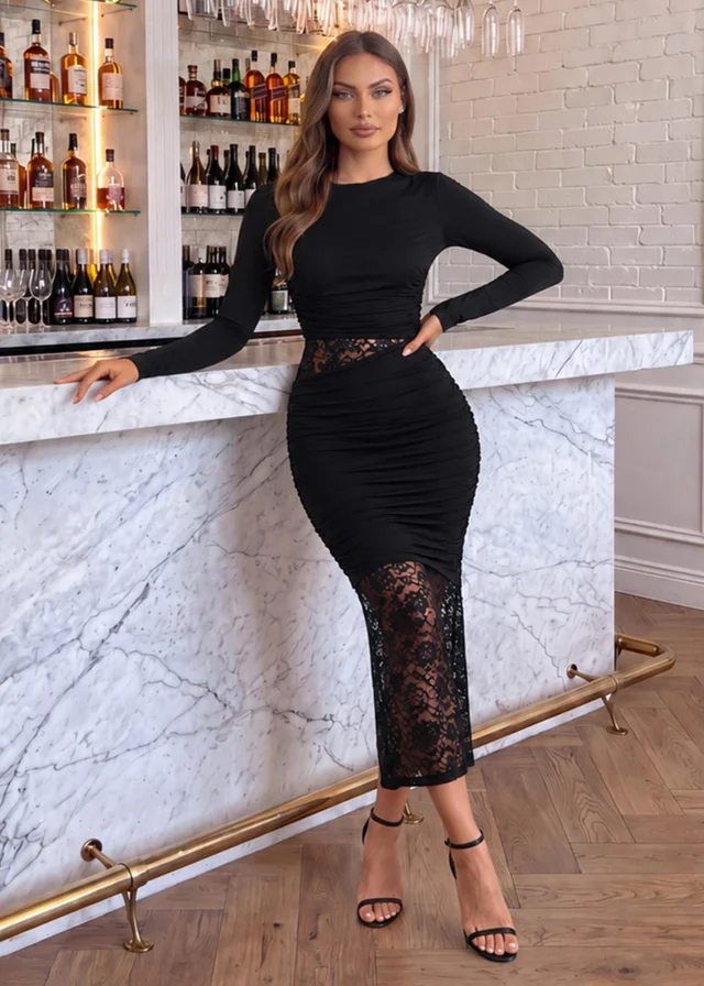 AX Paris Black Ruched Lace Cut Out Midi Dress