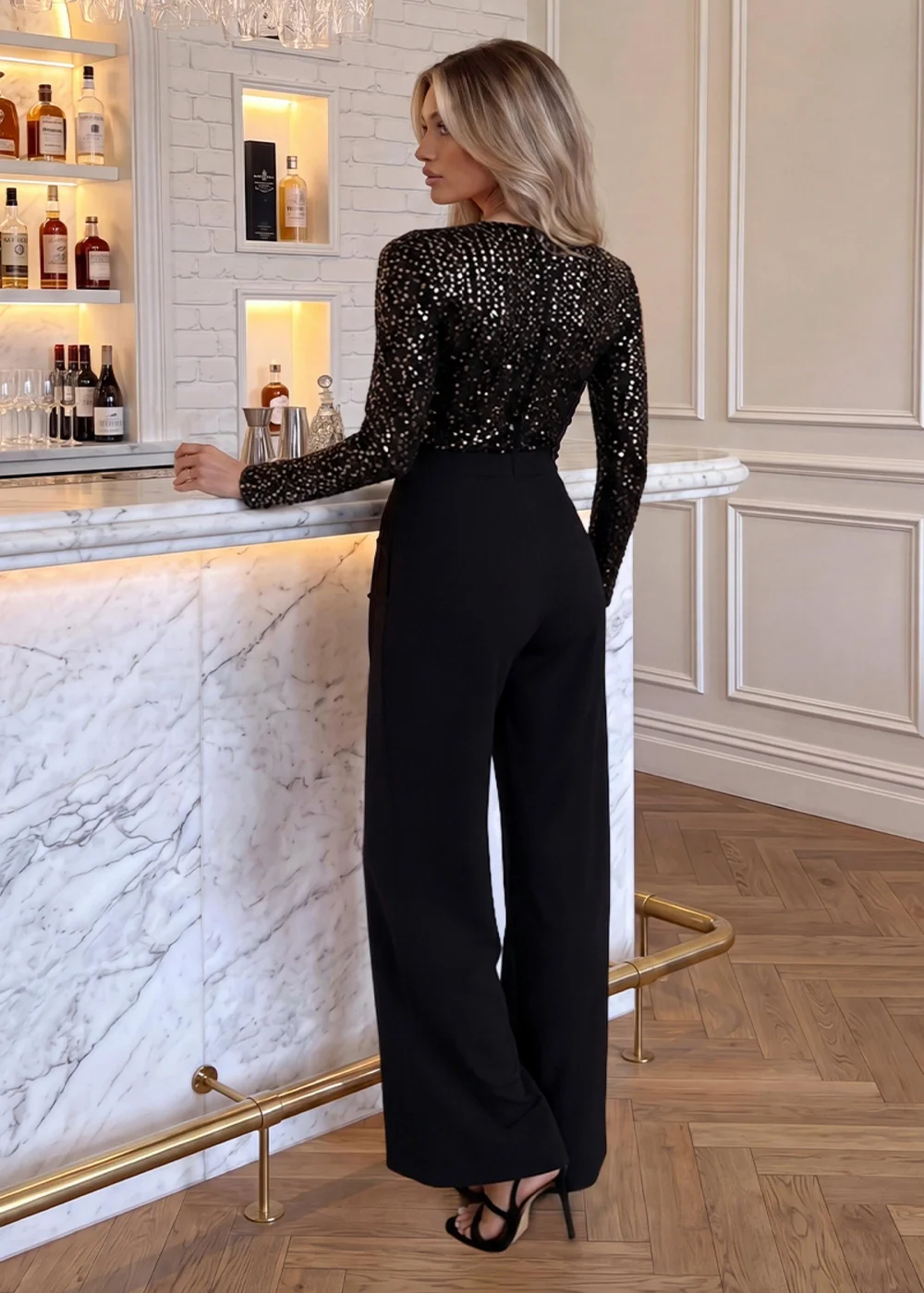 AX Paris Bronze Sequin Long Sleeve Wide Leg Jumpsuit - 16 Image 4