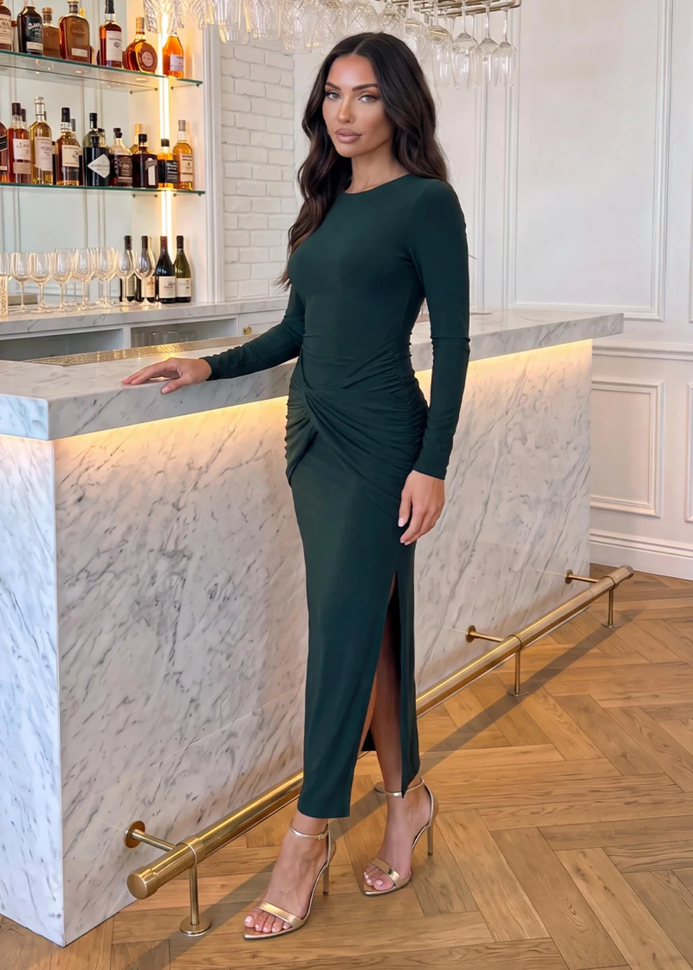 AX Paris Forest Green Long Sleeve Twist Front Midi Dress - 16 Image 3