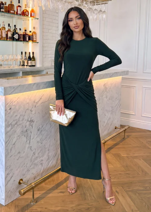 AX Paris Forest Green Long Sleeve Twist Front Midi Dress - 16 Image 2