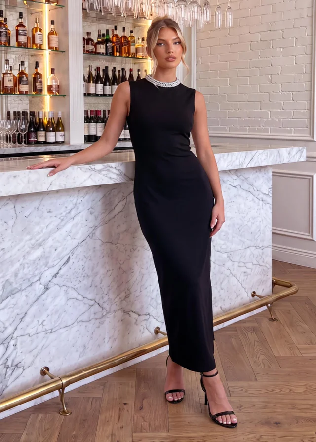 AX Paris Black Embellished Neckline Midi Dress