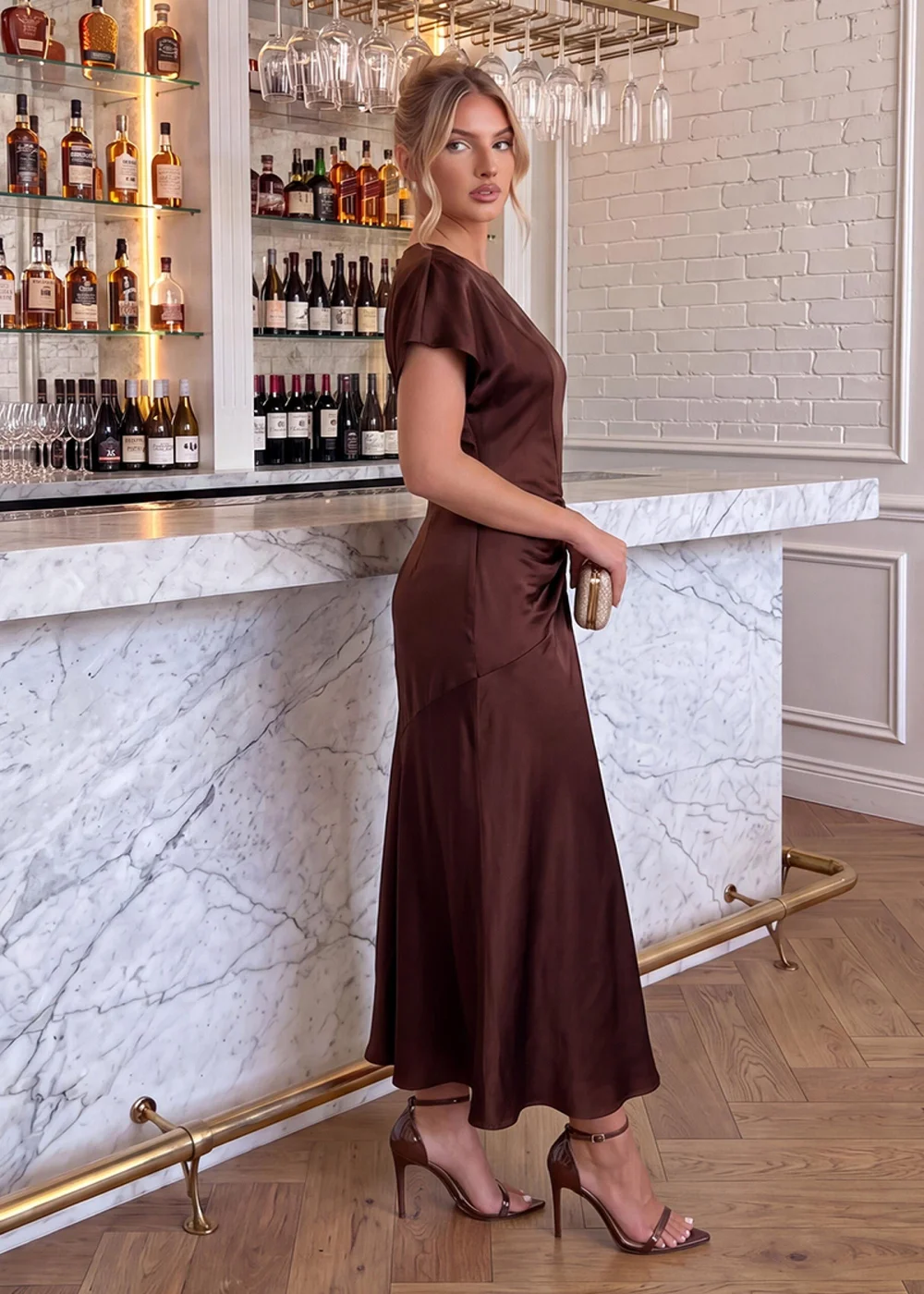 AX Paris Chocolate Satin Ruched Side Midi Dress - 8 Image 3