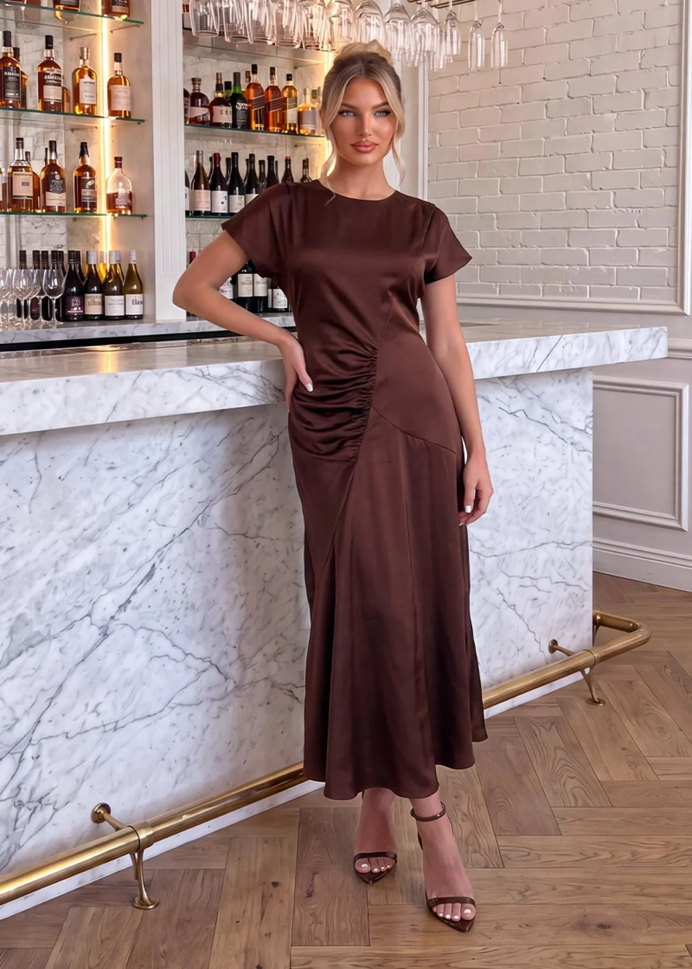 AX Paris Chocolate Satin Ruched Side Midi Dress - 8 Image 1