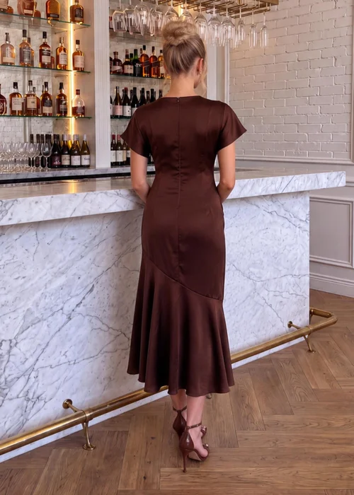 AX Paris Chocolate Satin Ruched Side Midi Dress - 8 Image 4