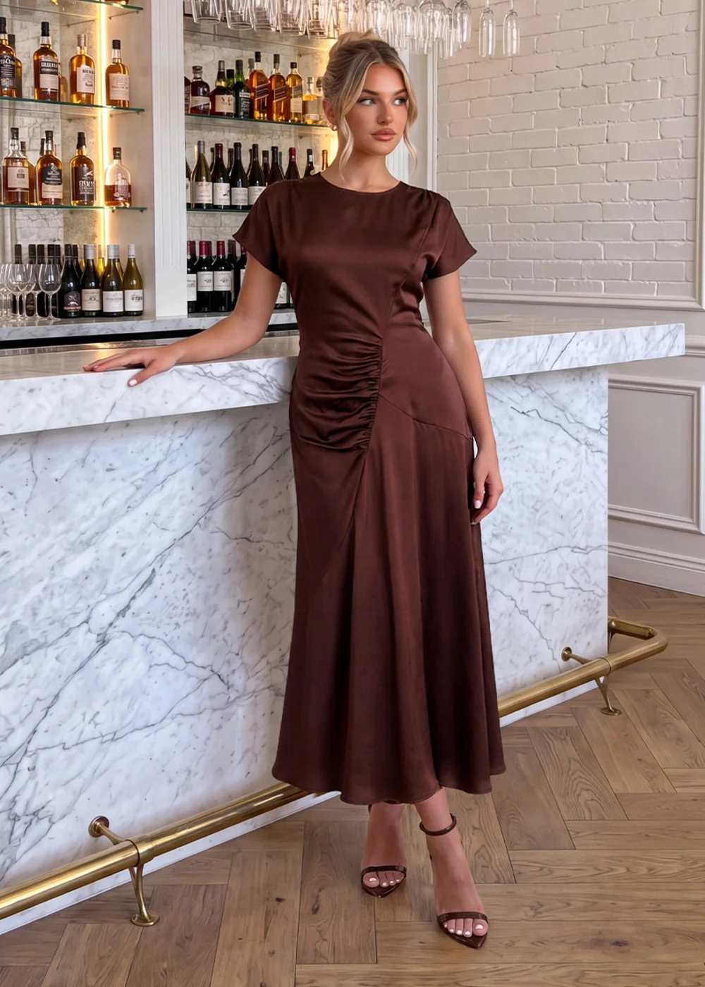 AX Paris Chocolate Satin Ruched Side Midi Dress - 8 Image 2