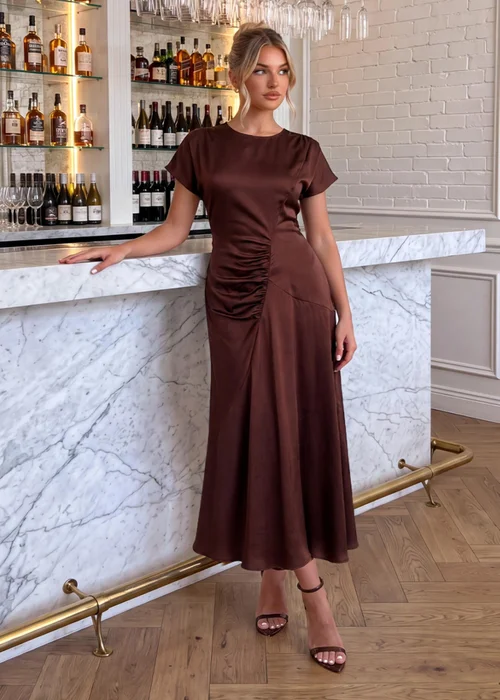 AX Paris Chocolate Satin Ruched Side Midi Dress - 8 Image 2