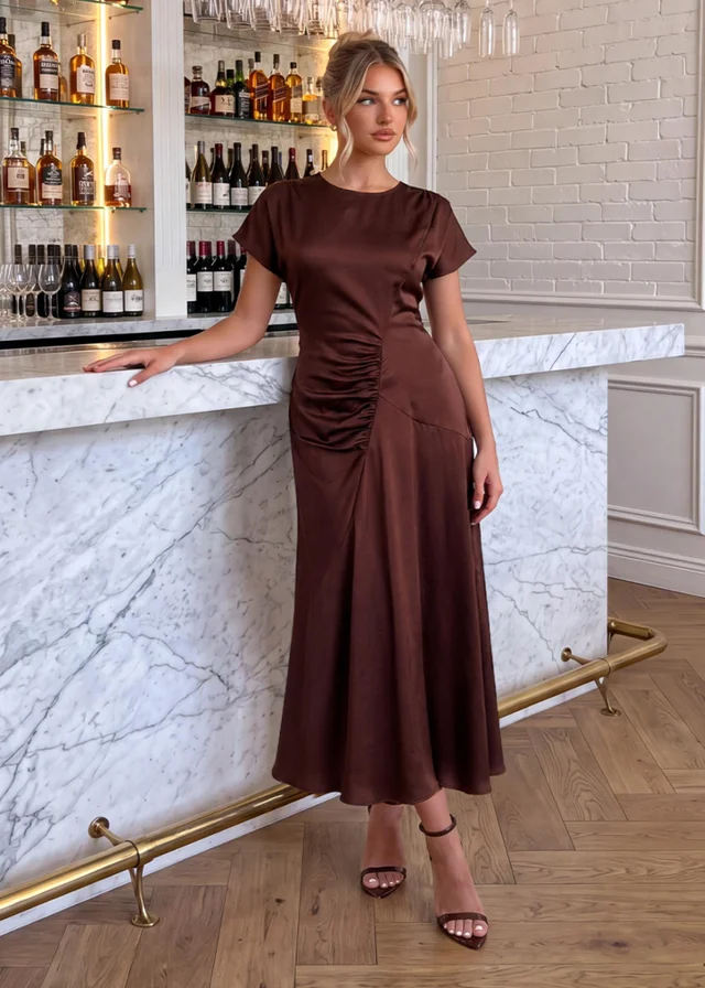 AX Paris Chocolate Satin Ruched Side Midi Dress
