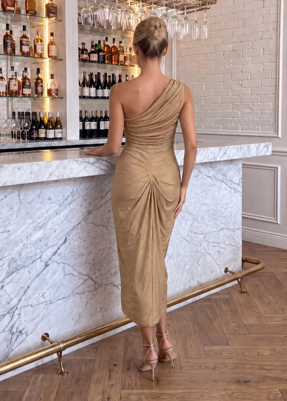 AX Paris Champagne Sparkle One Shoulder Ruched Midi Dress - 16 Image 4
