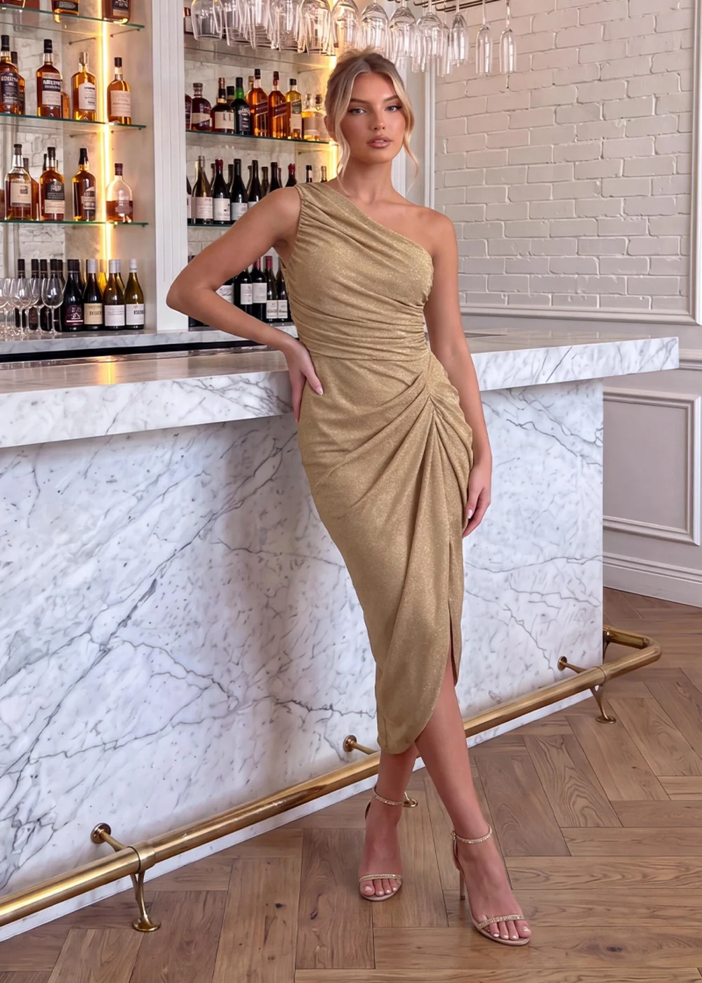AX Paris Champagne Sparkle One Shoulder Ruched Midi Dress - 16 Image 1