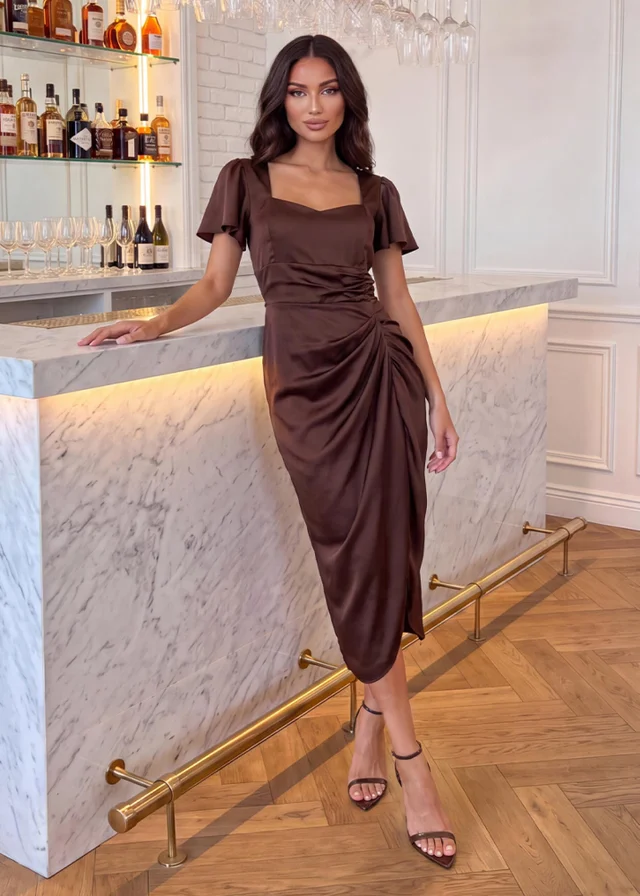 AX Paris Chocolate Flutter Sleeve Gathered Midi Dress