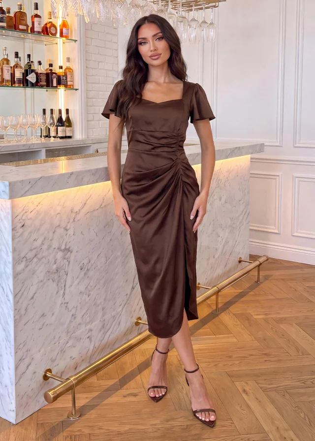 AX Paris Chocolate Flutter Sleeve Gathered Midi Dress