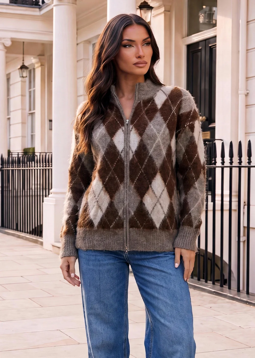 AX Paris Multi Argyle Zip-Up Brushed Knit Cardigan - M/L Image 2