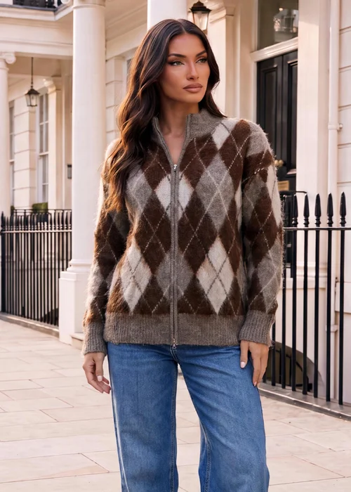 AX Paris Multi Argyle Zip-Up Brushed Knit Cardigan - M/L Image 2