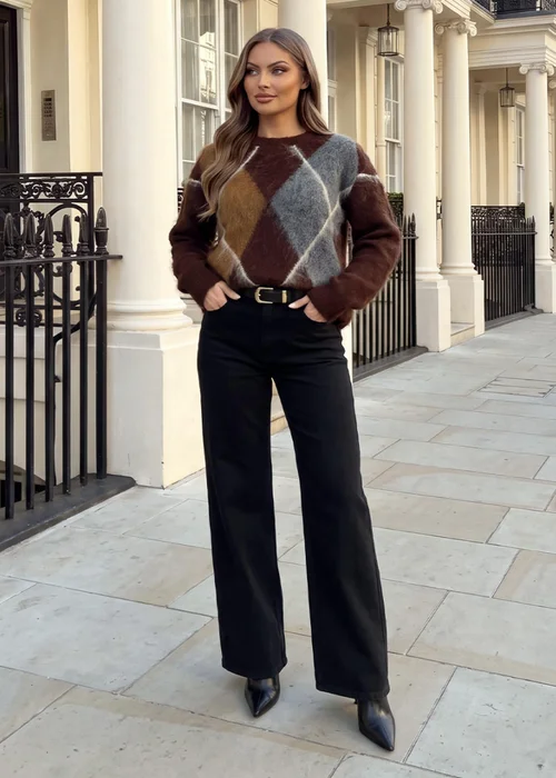 AX Paris Chocolate Brown Argyle Crew Neck Jumper - M/L Image 2