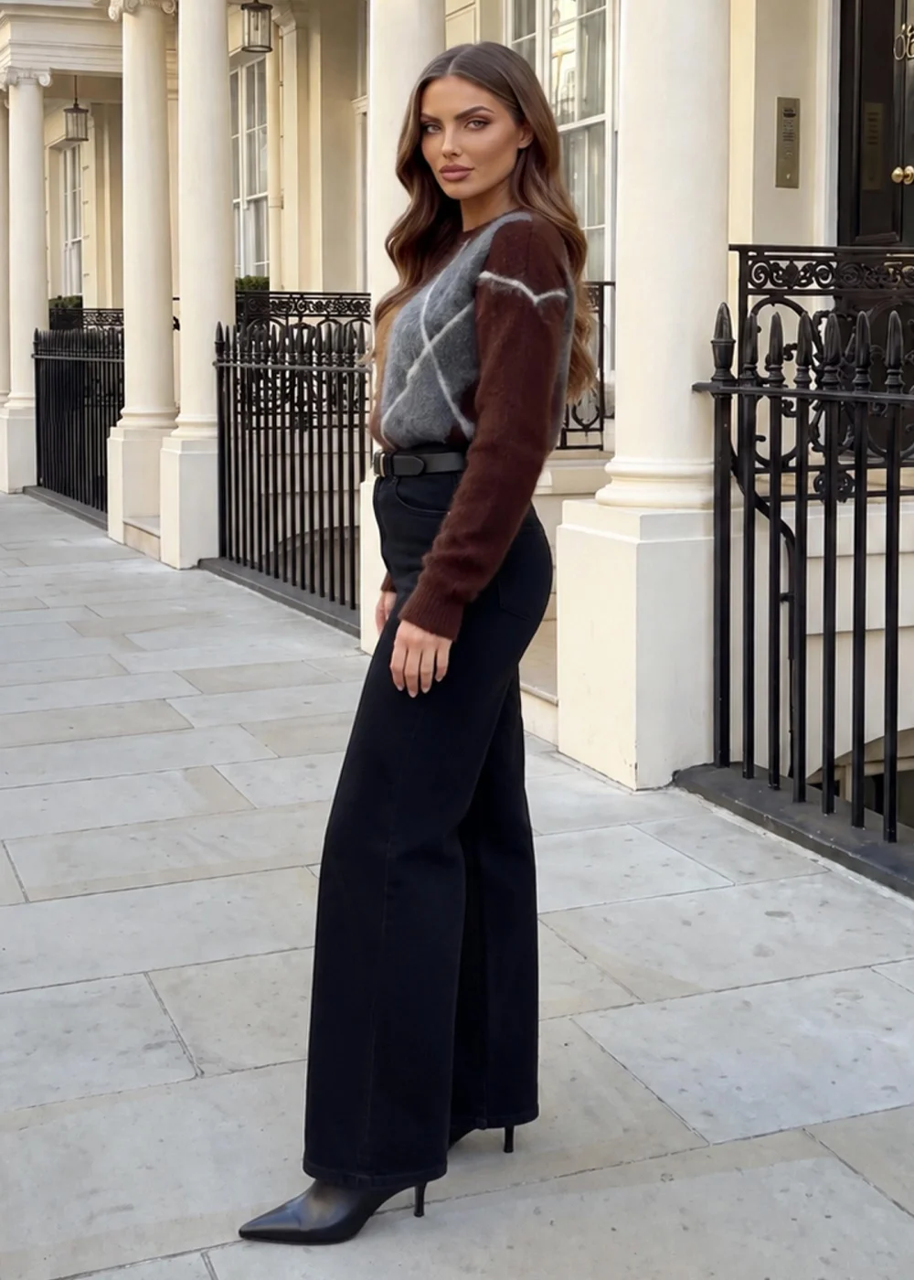 AX Paris Chocolate Brown Argyle Crew Neck Jumper - M/L Image 3
