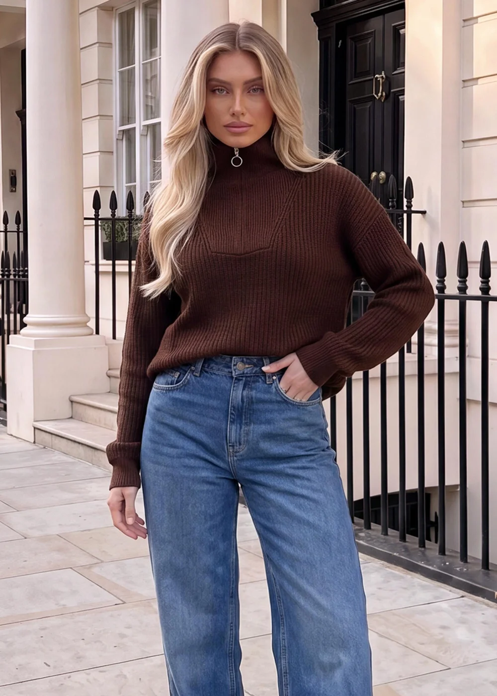 AX Paris Chocolate 1/4 Zip Knit Jumper - S/M Image 2