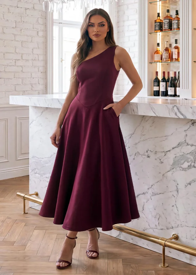AX Paris Plum One Shoulder A-Line Midi Dress