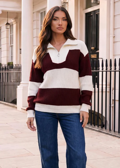 AX Paris Cream & Burgundy Striped 1/4 Zip Knit Jumper - M/L Image 1