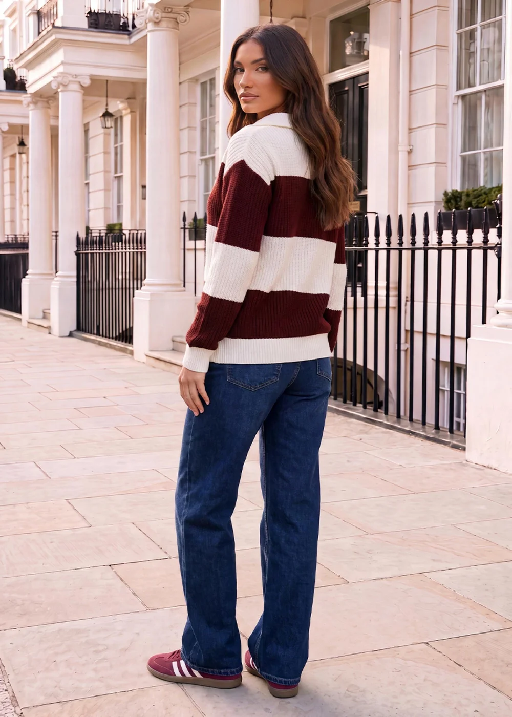 AX Paris Cream & Burgundy Striped 1/4 Zip Knit Jumper - M/L Image 3