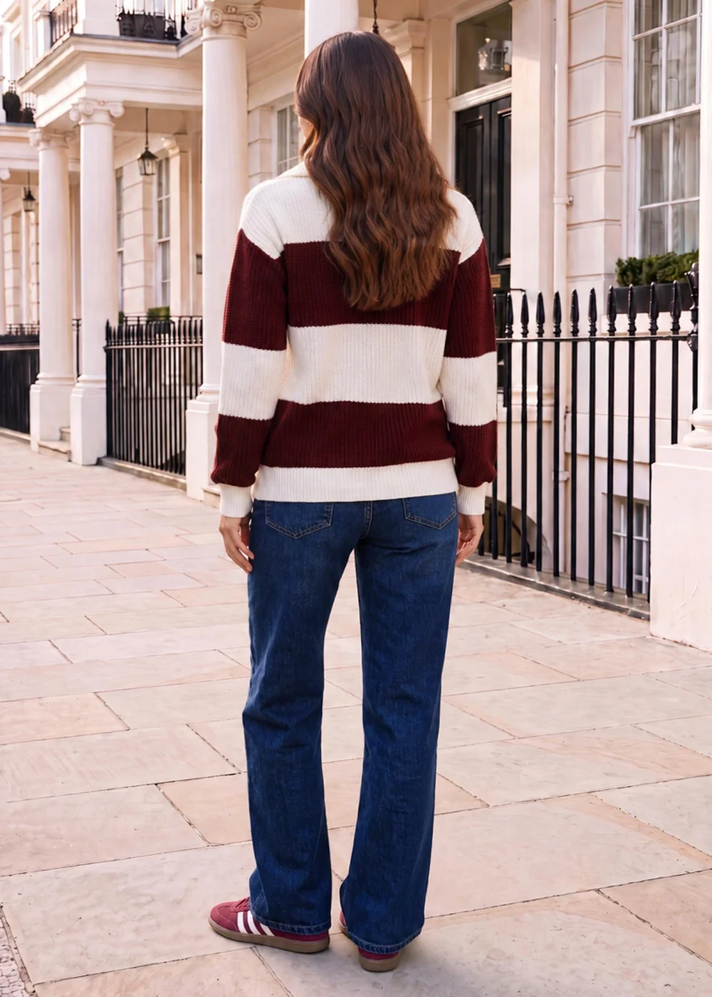 AX Paris Cream & Burgundy Striped 1/4 Zip Knit Jumper - M/L Image 4