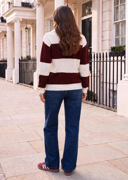 AX Paris Cream & Burgundy Striped 1/4 Zip Knit Jumper - M/L Image 4