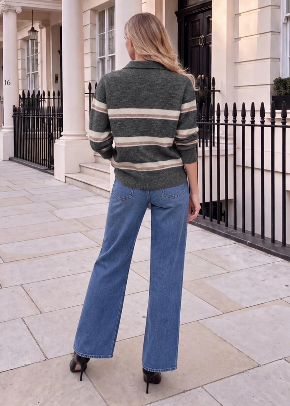 AX Paris Grey Stripe Collared Knitted Jumper - M/L Image 5