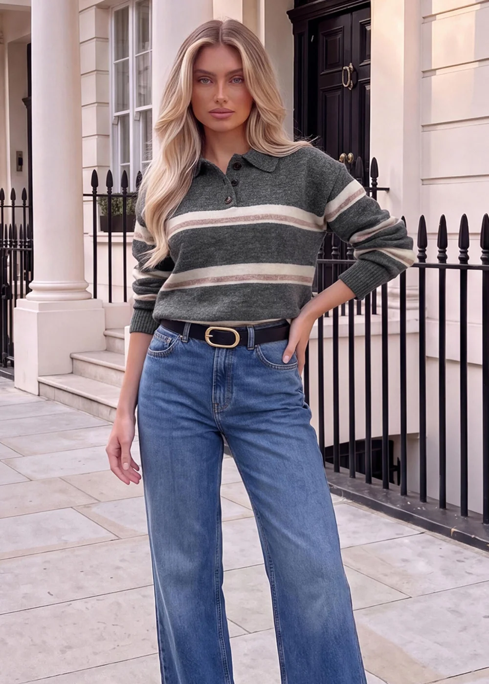 AX Paris Grey Stripe Collared Knitted Jumper - M/L Image 1