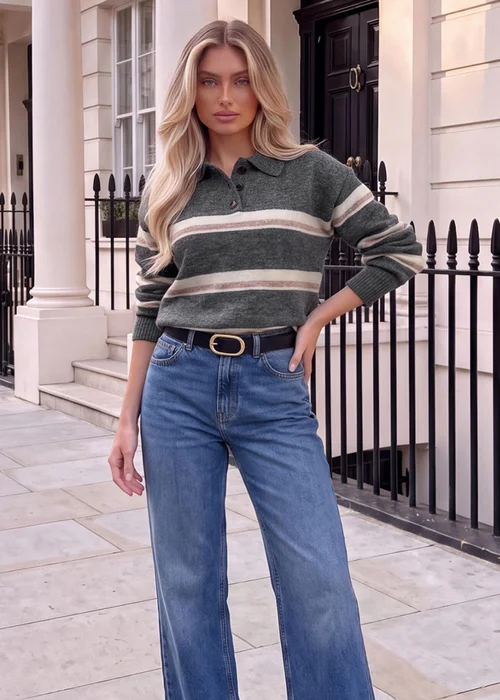 AX Paris Grey Stripe Collared Knitted Jumper - M/L Image 1