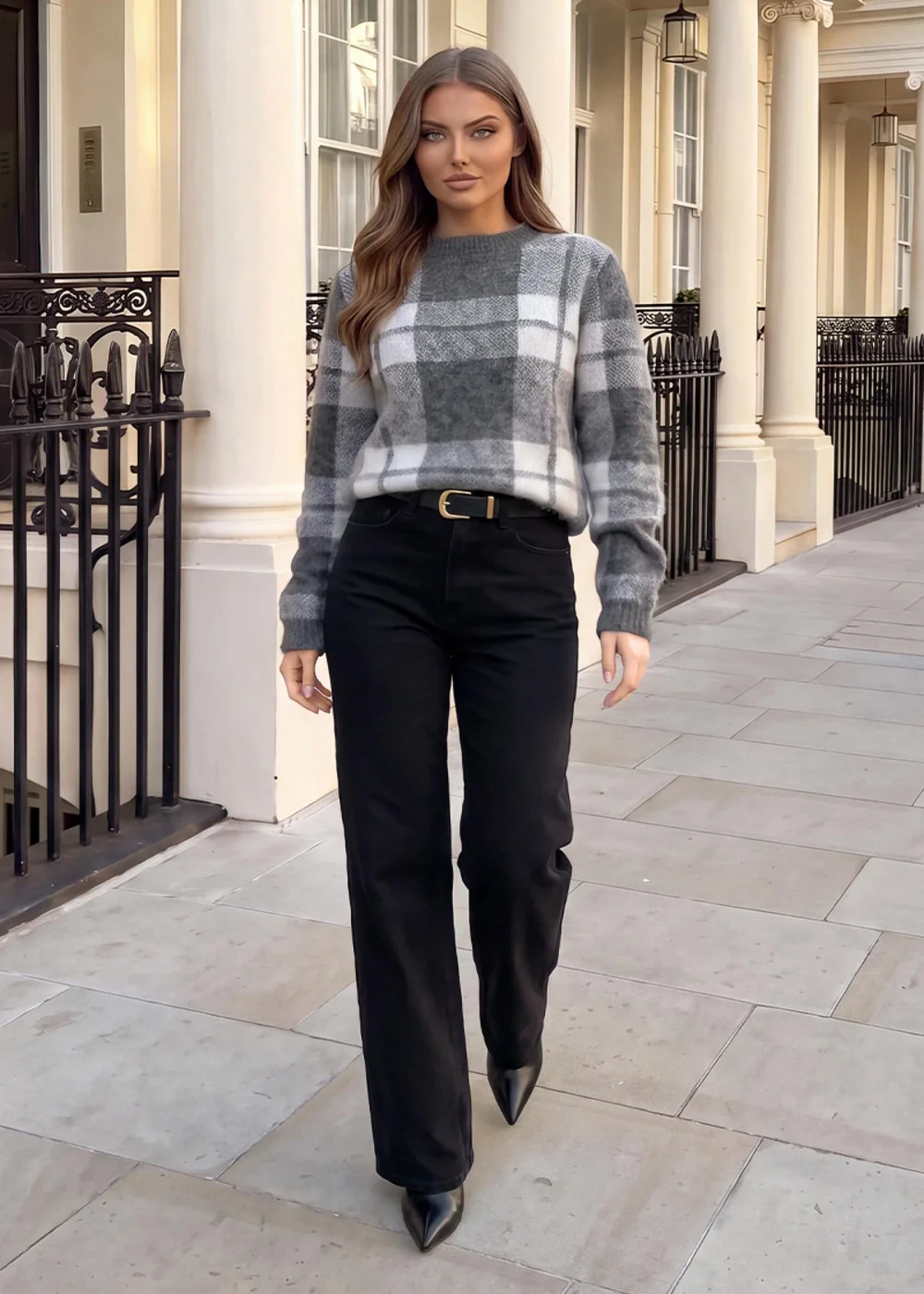 AX Paris Grey & White Check Brushed Knit Jumper - S/M Image 2