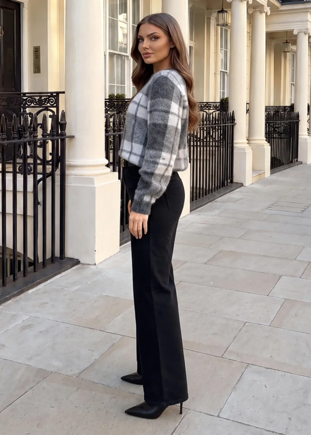 AX Paris Grey & White Check Brushed Knit Jumper - S/M Image 3