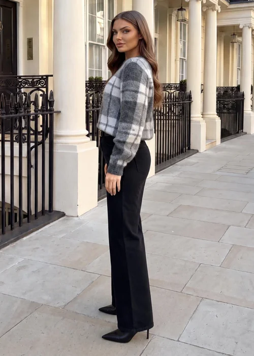 AX Paris Grey & White Check Brushed Knit Jumper - S/M Image 3