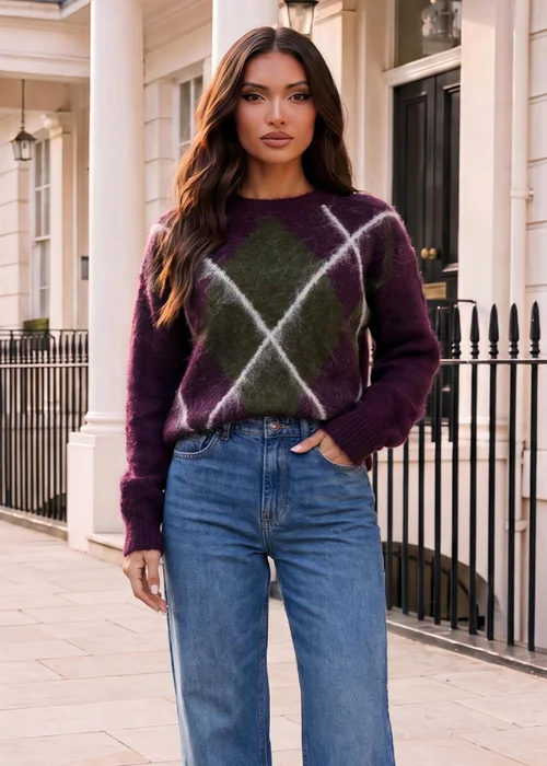 AX Paris Plum Argyle Crew Neck Jumper - S/M Image 1